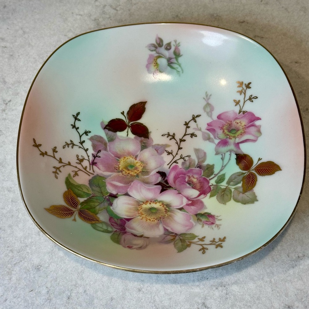 Elegant Vintage Floral Square Plate/Bowl with Gold  Schumann Arzberg Germany